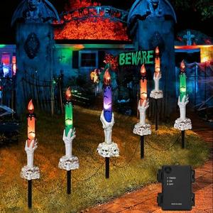 Halloween Decorations, 11 Pack Skeleton Hands Hold Lighted Candle Stakes, Waterproof Battery Operated Pathway Decor with Timer, Light Up for Tabletop Indoor Outdoor Party Lawn Yard Garden Warm White