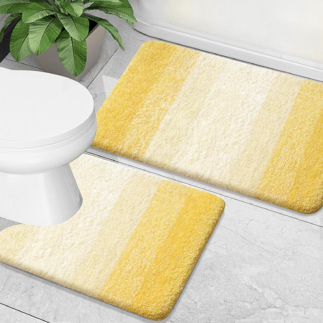 OLANLY Bathroom Rug Set 2 Piece, Soft Absorbent Microfiber Bath Mats and U-Shaped Contour Toilet Rug, Non-Slip, Machine Wash Dry, Plush Shaggy Bath Mats for Bathroom (24"x16"+24"x20", Yellow)