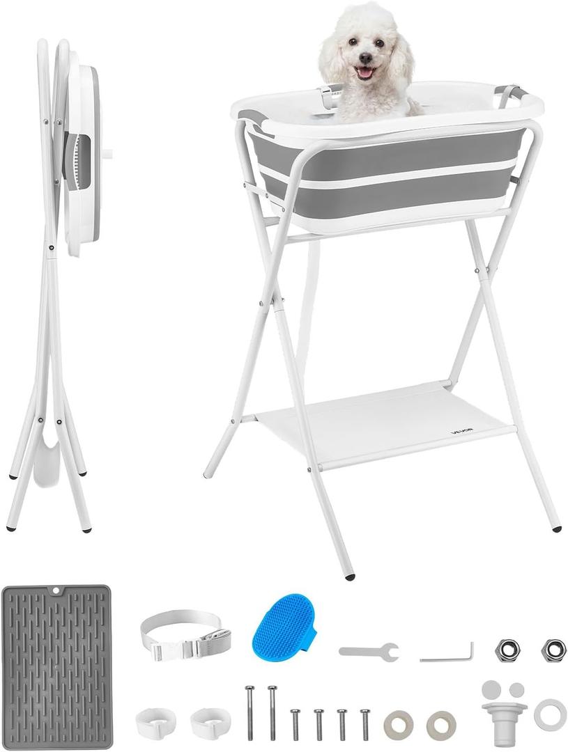 VEVOR Dog Bathtub, Elevated Dog Bath Tub, 2 in 1 Collapsible Pet Bathing Grooming Wash Station, Portable Foldable Space-Saving, Built-in Drain Outlet with Drain Hose for Small Pet Cat, Gray & White