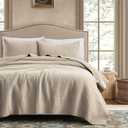 WDCOZY 100% Cotton King Size Quilt Set - Beige Neutral Striped Pick Stitch Soft Lightweight Bedspread, Textured Like Linen, Farmhouse Country Rustic Coverlet, Shabby Chic Gauze Bedding, 3 Pieces (King (106"x96"), Linen (Warm Yellow Tint))