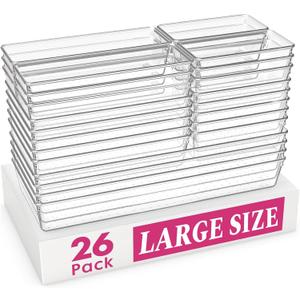 Criusia Large Drawer Organizer Bins 26 Pack | Complete 5 Size Clear Plastic Kitchen Drawer Organizers for Utensils | Bathroom Drawer Organizer Trays | Versatile for Makeup Office Organization