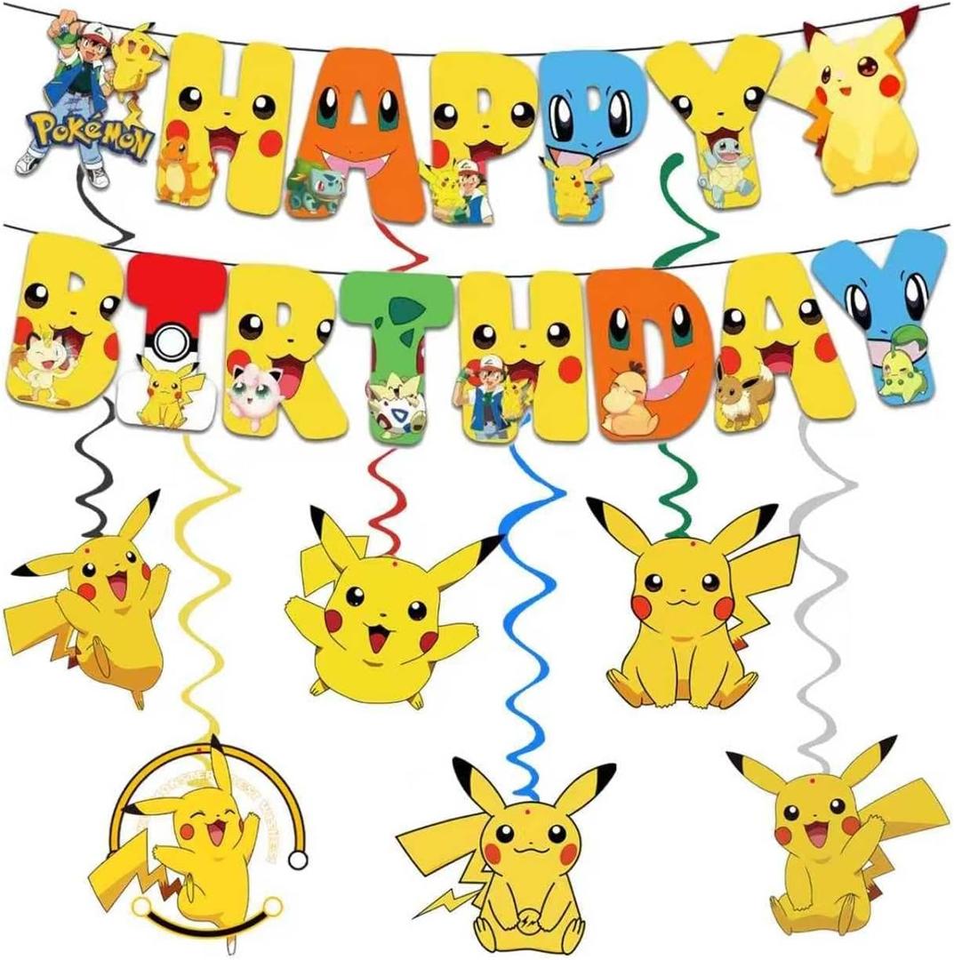 For JP Pokemon Happy Birthday Banner, Party Decoration With 6 Vortex Decorative Pendants