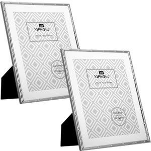 10x12''Bamboo Detail Silver Metal Photo Frame with Acid Free Mat for 8x10'' Set of 2, Elegant Narrow Plated Photo Frames 10x12'' With Velvet Backing for Desktop and Wall Decor