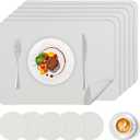 Faux Leather Placemats Set of 6, Vinyl Placemats Heat Resistant Place Mats, Waterproof Oil-Proof Wipeable Dining Table Mats and Coasters for Kitchen, Indoor, Outdoor (White)