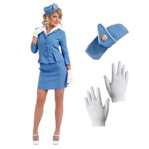 fun shack Flight Attendant Costume Women Blue, Retro Airline Stewardess Outfit with Hat & Gloves, Size: Small
