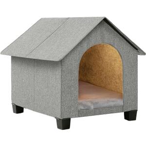 Indoor Dog House, Elevated Foldable Dog Cave Bed with Removable Plush Mat for Medium Dogs and Cats Up to 20.8 Inches Long
