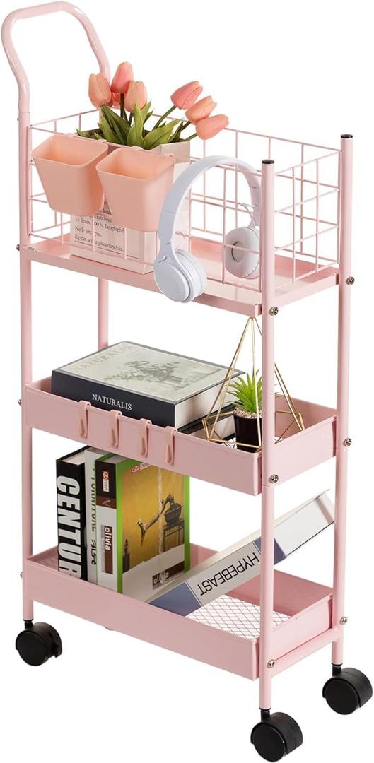 danpinera Slim Storage Cart, 3 Tier Metal Slim Rolling Cart with Handle, Hooks and Hanging Cups, Narrow Kitchen Carts with Wheels for Bathroom, Kitchen, Laundry Room, Office, Small Spaces, Pink
