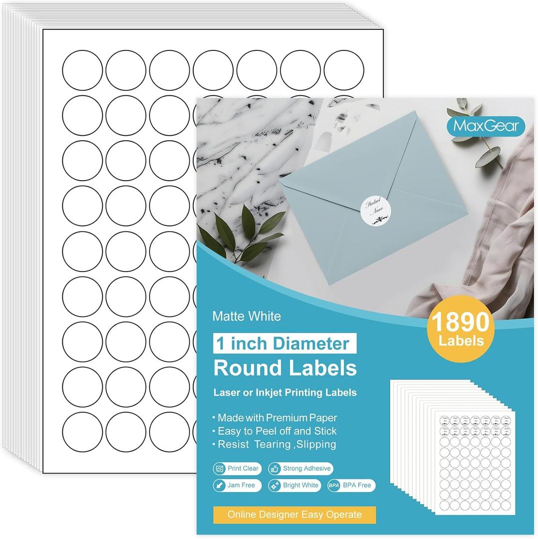 2 x MaxGear 1" Round Sticker Labels, for Inkjet or Laser Printer, Matte White Printable Labels Sheets, Strong Adhesive, Dries Quickly, Holds Ink Well, 30 Sheets, 1890 Pcs