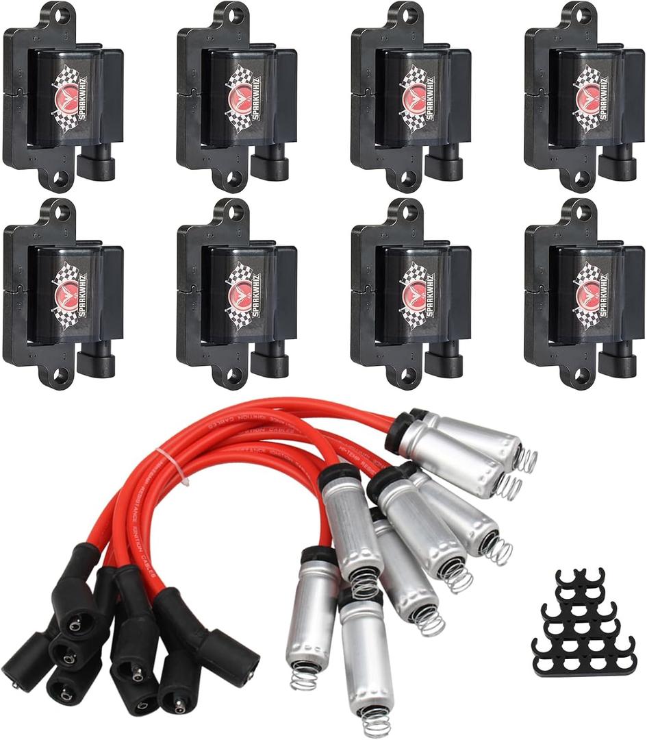 UF271 Square Ignition Coils and 748EE Spark Plug Wires Set, Compatible with GMC Sierra/Suburban Escalade Avalanche Chevy Silverado 1500 4.8L 5.3L 6.0L, Part Number D581 12558693