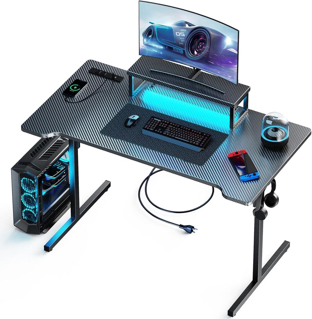 Small Gaming Desk with LED Lights & Power Outlets, 47 Inch Computer Desk with Monitor Stand, PC Gaming Table with Carbon Fiber, Black