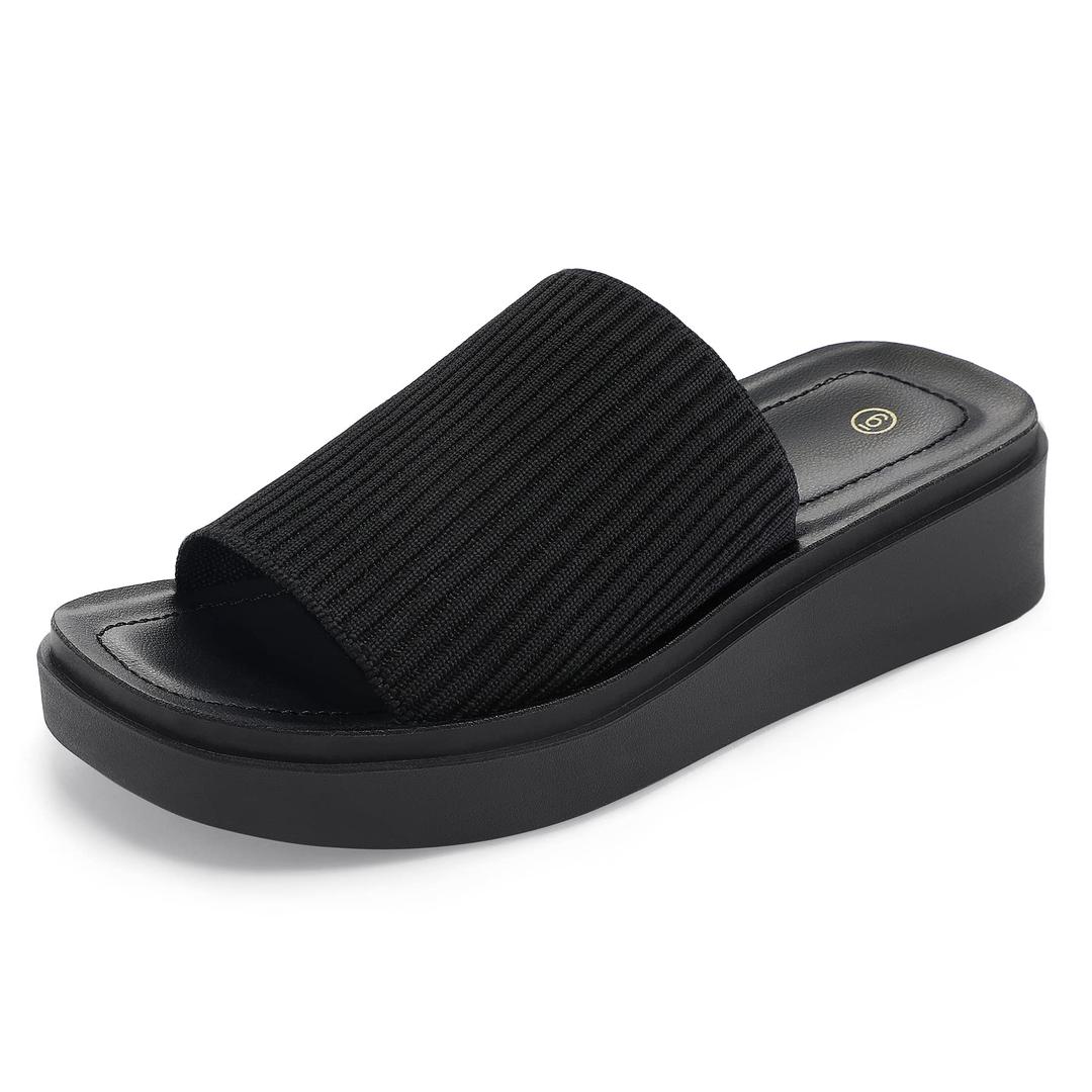 mysoft Women's Knit Platform Sandals Breathable Non-Slip Summer Slides (Black, 6.5)
