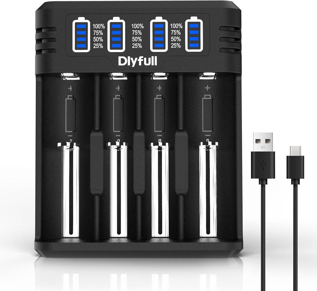 Dlyfull 18650 Battery Charger, Fast Universal Charger for 3.7V Li-ion IMR INR ICR 21700 10340 17335 17670 18500 18700 20700 26650 and 1.2V Ni-MH/CD AAAA AAA AA A C SC Rechargeable Batteries (4 Bay)