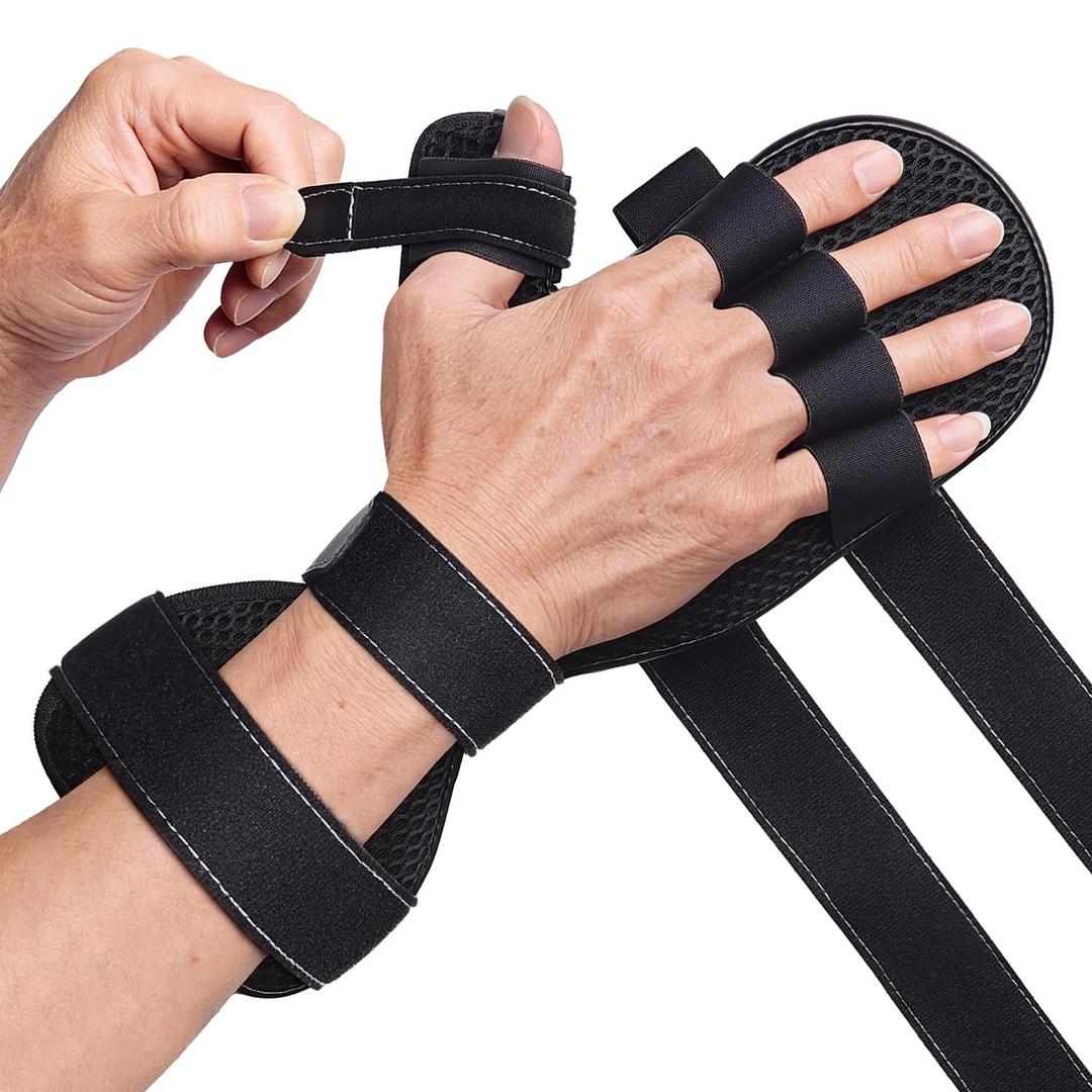 DrFinger Stroke Hand Brace Splint for Straightening Fingers with 5 Fingers Resting Support,Prevent Fingers Curling, Dupuytren's Contractures, Hand Spasms, Fit Right & Left, Men & Women -Black- M