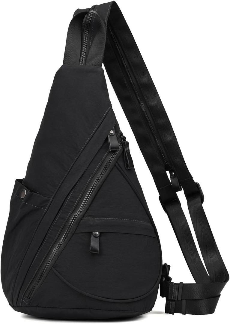 KL928 Crossbody Sling Backpack Nylon Cross Body Bag Travel Hiking Shoulder Bags Daypack Rucksack Unisex (Black)
