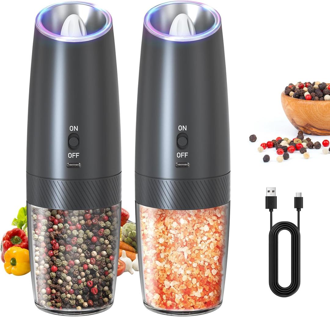 CIRCLE JOY Rechargeable Electric Salt and Pepper Grinder Set Gravity Salt and Pepper Mills Set with LED Light, No Battery Needed, Adjustable Coarseness, Washable 135ml Container, Black