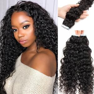 28Inch Long Tape in Hair Extensions for Women Water Wave Human Hair Skin Weft Seamless Invisible PU Tape Double Sided 50g 20pcs/Pack Adhesive Curly Hair 4-6 Packs for Full Head (#1B-WW 50)