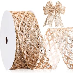 Geosar 20 Yards Champagne Gold Glitter Mesh Wired Ribbon for Wedding Decor, Valentines Gift Wrapping, Flower Bouquet Wrapping, DIY Craft, Christmas Tree Decoration (2.5 Inch)