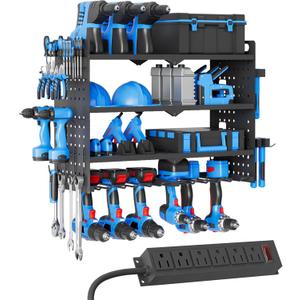 Power Tool Organizer Wall Mount with Charging Station, Drill Holder, Heavy Duty Storage Utility Racks, Supports 600 lbs,Battery Shelf for Garage and Workbench (24 Inch 6 Drills Holder)