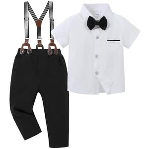 SANMIO Toddler Baby Boy Clothes Suit Gentleman Wedding Outfits, Formal Dress Shirt with Bowtie + Suspender Pants 12-18m