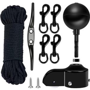 NQ Flagpole Hardware Repair Parts Kit,50 Feet Halyard Rope+3" Black Ball+6" Zinc Alloy Cleat + 4 Metal Swivel Snap Clips + Aluminum Alloy Flagpole Truck with Nylon Pulley for 1.6"-2" Flag Poles