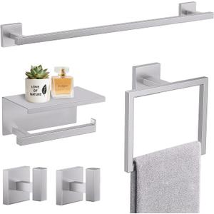 TURS 5-Pieces Brushed Nickel Bathroom Hardware Accessories Set 23.6" Towel Bar Set Wall Mounted Square Toilet Paper Holder with Shelf Stainless Steel