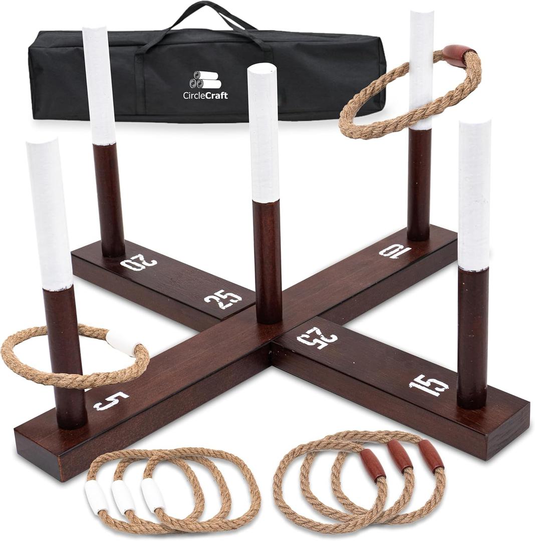 CircleCraft Rustic Ring Toss Game for Kids & Adults  Outdoor Yard Games with Rope Rings, Portable Wooden Lawn Game for Family Fun, Backyard, Beach, Camping & Picnic Activities for Christmas & Easter (Dark Brown)