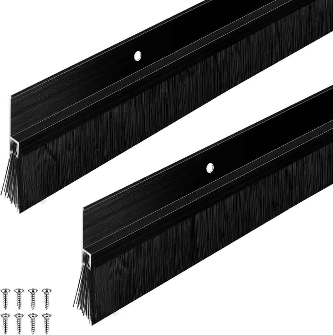 Frienda 2 Set Door Brush Bottom Sweep Brush Weather Stripping Aluminum Door Seal with Screws for Gaps up to 1 Inch, for Home, Commercial Gate, Fill Gaps Dust, Debris (1 x 36 Inch,Black)