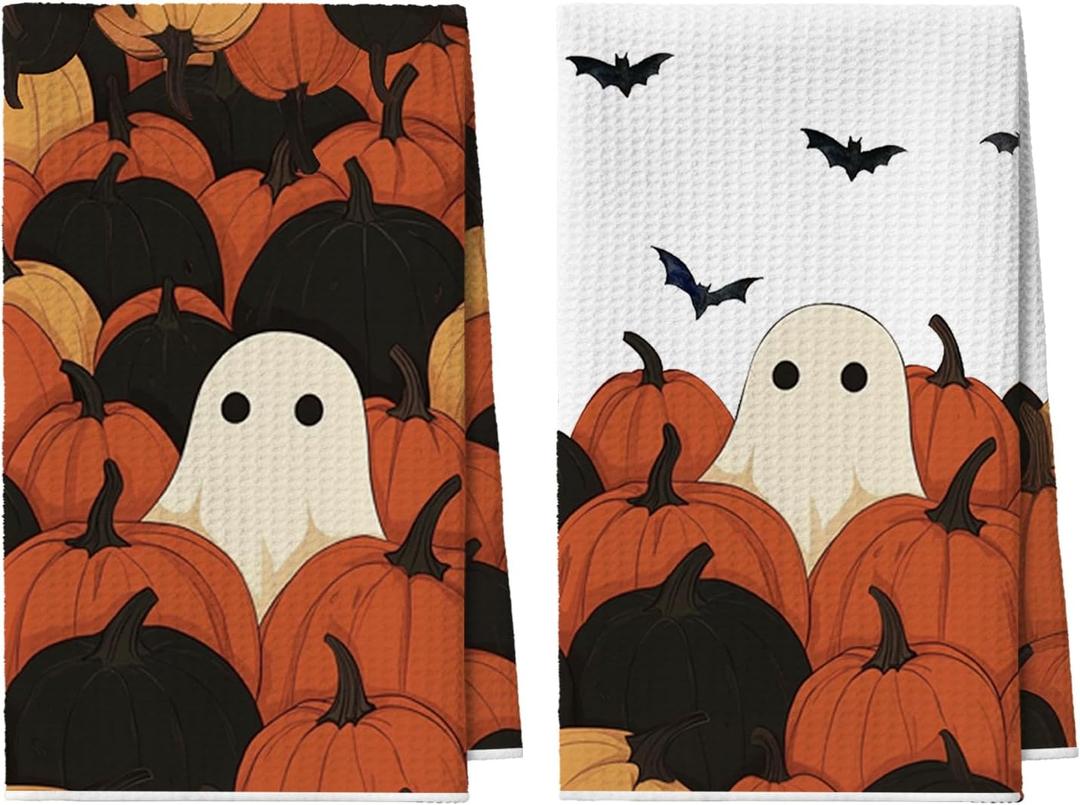 Artoid Mode Black Pumpkin Ghost Halloween Bar Kitchen Towels, 12x24 Inch Quick Dry Microfiber Cloth Dish Towels for Kitchen Drying Set of 2 (Orange)