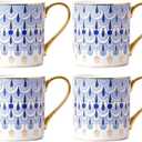 CHOOLD 4pcs British Style Blue Floral Porcelain Coffee Mug with Golden Handle Spoon - 12 oz