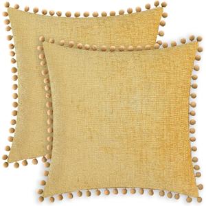 CaliTime Throw Pillow Covers Decorative 20 X 20 Inches Pack of 2 Cozy Solid Dyed Soft Chenille Cushion Cases with Pom Poms for Couch Sofa Bed Living Room Home Gold