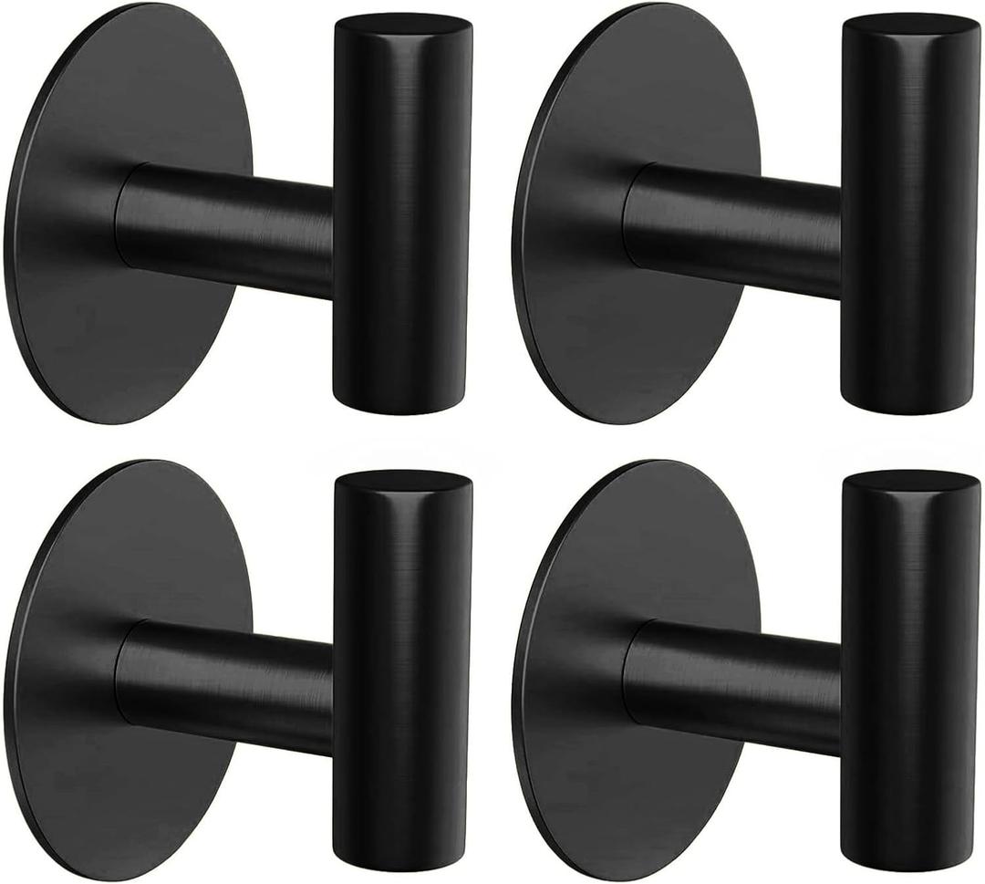 stusgo 4-Pack Adhesive Black Towel Hooks Heavy Duty Self Adhesive Utility Hooks Stainless Steel for Coat Robe, Stick On Wall Hanger Hook for Shower, WaterproofRustproofOilproof.