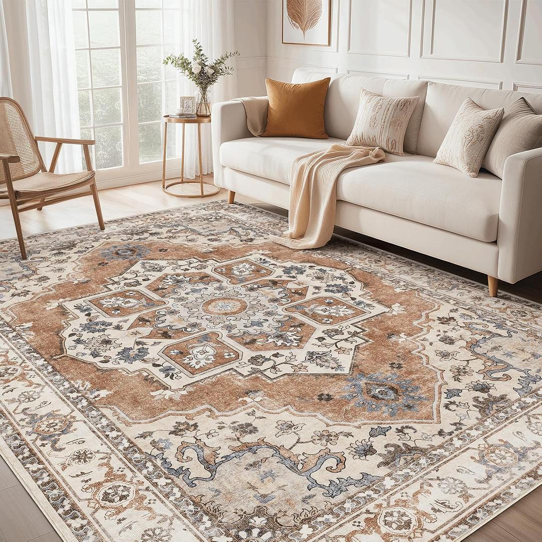 9x12 Washable Area Rug: Vintage Neutral Soft Non Slip Thin Large Floor Carpet for Living Room Bedroom Kitchen Dining Room Home Office Farmhouse Indoor - Brick Red