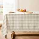 Softalker Checkered Tablecloth Rectangle, Outdoor Linen Cotton Gingham Table Cloth with Tassel, Heavy Duty Wrinkle Free Buffalo Plaid Table Cover for Kitchen Dining Summer Party - 55 x 120 Inch, Beige