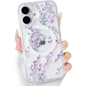 NITITOP Compatible with iPhone 16 Case Clear Magnetic Compatible with MagSafe Cute Flowers Floral Leaves for Women Girls Hard PC Back Shockproof Protective Phone Cover - Purple