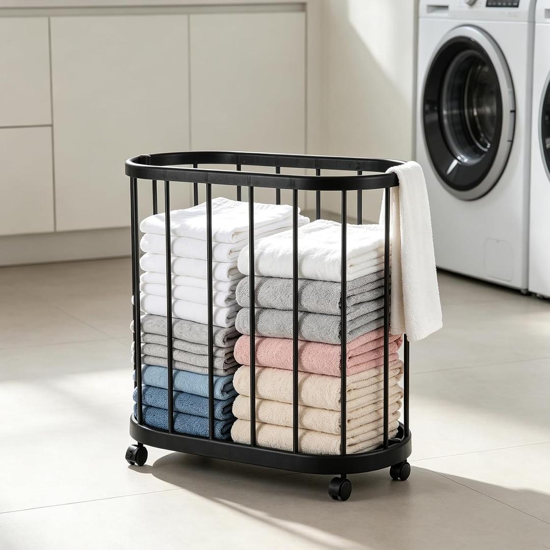 Floor Laundry Hamper with Wheels, Modern Laundry Basket Rolling Storage Dirty Clothes Basket with Handle Metal Clothes Hamper Organizer for Laundry Room Bathroom Bedroom Dorm, 23.6" x 22.8" x 11.8"