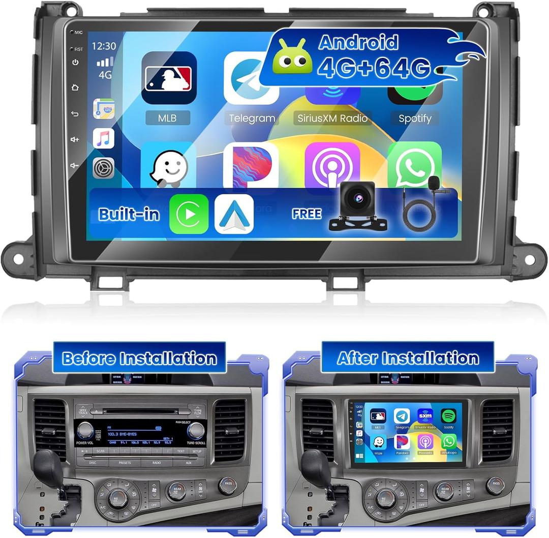 [4+64G] Hikity Android 15 Car Stereo for Toyota Sienna 2011 2012 2013 2014 with Wireless Carplay Android Auto, 9'' IPS Touch Screen Radio Bluetooth Mirror Link GPS WiFi SWC AI DSP/FM/RDS/EQ Backup Cam