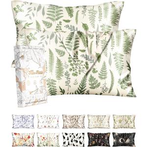 2 Pack Silk Pillowcase - 20x36 Inch King Size Silk Pillow Case with Hidden Zipper for Women Lady Smooth Soft Breathable Cute Design Pillowcase for Hair and Skin, Green Leaf