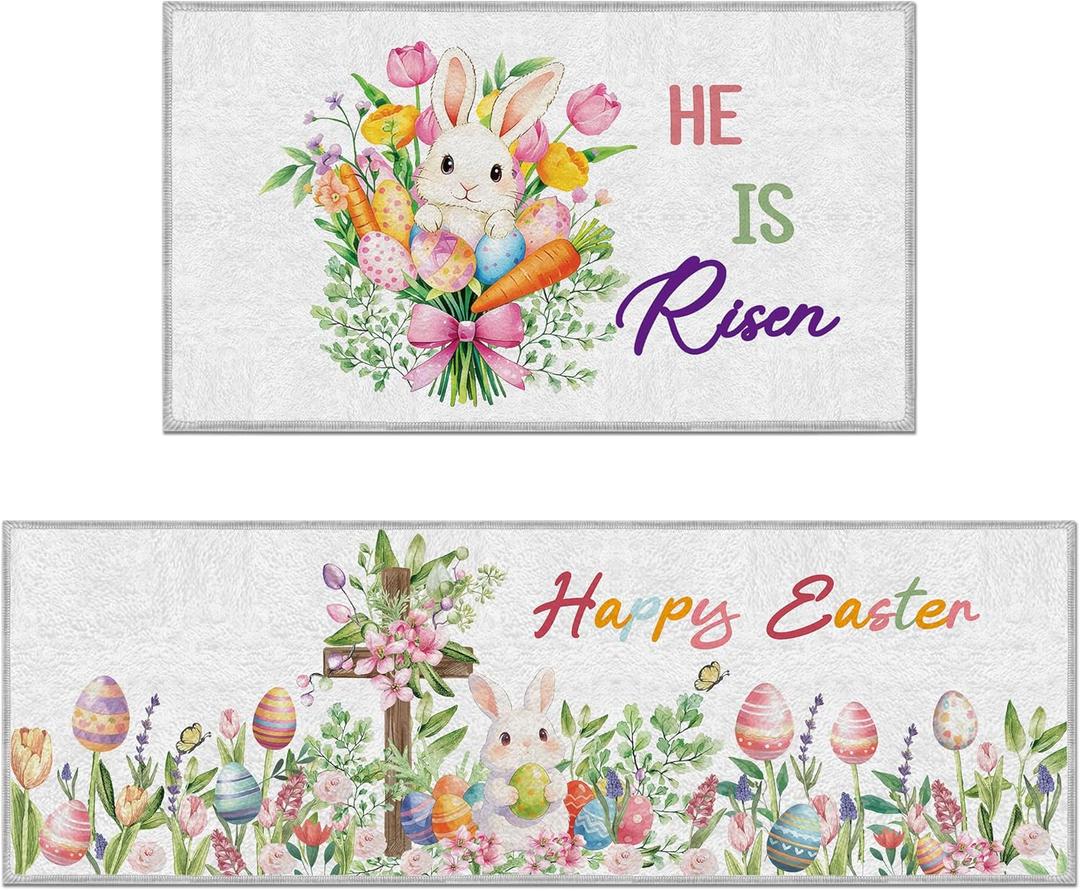 Romart Easter Kitchen Rugs Set, 2 Pcs Bunny Floral Runner Rugs for Holiday Home Kitchen Decor, Christian Easter Floor Mats for Home (16" x 28" & 16" x 47")