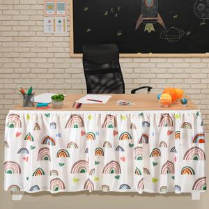 29 in x 9 ft Rainbow Table Skirt for Teacher Desk Rectangular Tablecloth Skirt Colorful Boho Desk Skirts for Teacher Classroom Decorations School Themed Party Supplies