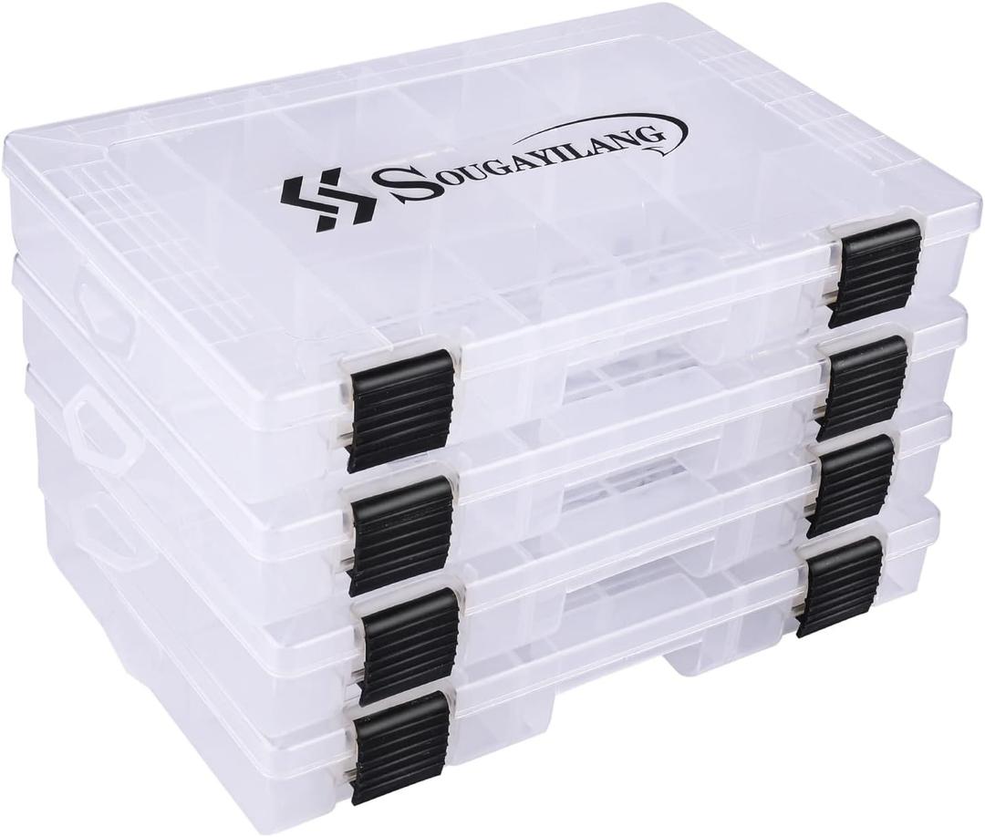 Sougayilang Fishing Tackle Boxes - 3600 3700 Plastic Storage Organizer Box with Removable Dividers - Fishing Tackle Storage - 4 Packs Transparent Tackle Trays (Four 3700 (Tray Size: 14"x8.7"x1.8"))