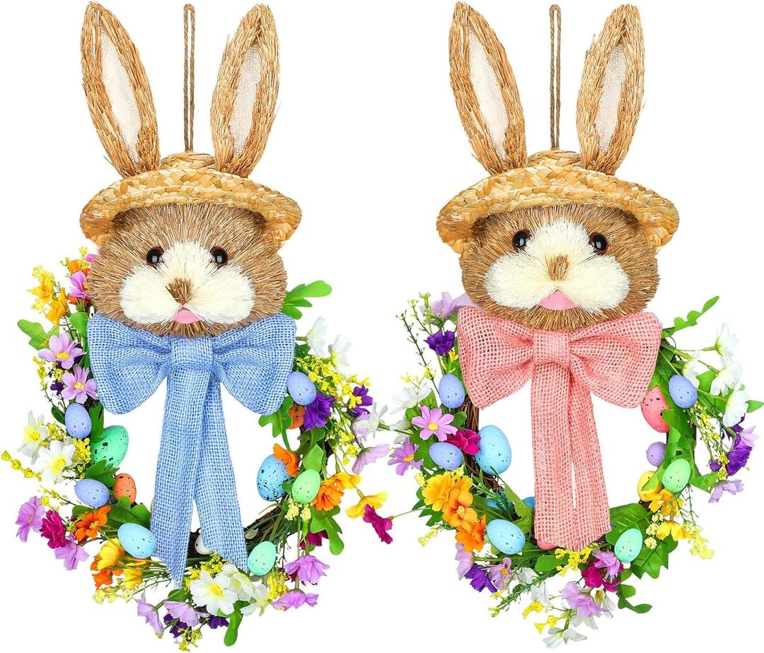 Zeyune 2 Pcs 18.1"x 11.4" Easter Bunny Wreath with Colorful Eggs Artificial Easter Wreath Mixed Flowers Green Leaves Hanging Bunny Shaped with Straw Hat and Bow for Front Door Wall(Bow Bunny)