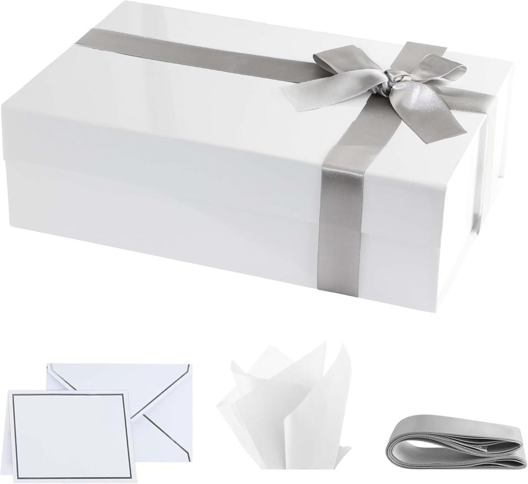 Purple Q Crafts Premium White Glossy Gift Box with Magnetic Closure 1 PACK - 10 x 7 x 3 Inches - Includes Ribbon and Gift Card - Elegant Presentation Box for All Occasions
