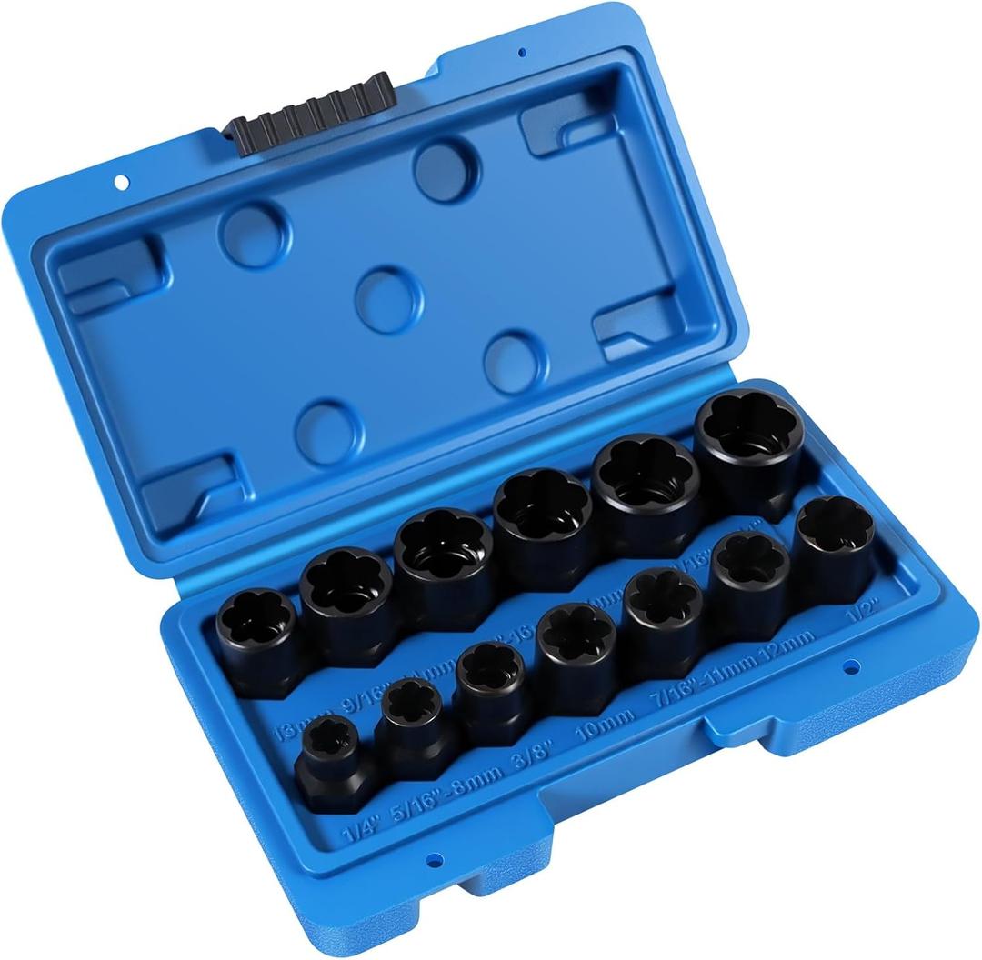 13-Piece Bolt Extractor Kit, Stripped/Lug Nut Removal, 3/8" Drive Screw Extractor Socket Set, SAE & Metric for Damaged, Rusted, Frozen Nuts and Bolts
