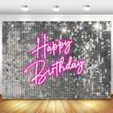 Withu Silver Sequins Pink Neon Happy Birthday Backdrop for Photography Shining Flash Stars Shimmer Wall Decoration Banner Princess Girls Women Bday Party Background 8x6ft