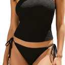 LIZENS Tankini Swimsuits for Women High Cut Tie Side Thong Bathing Suit (Black, S)