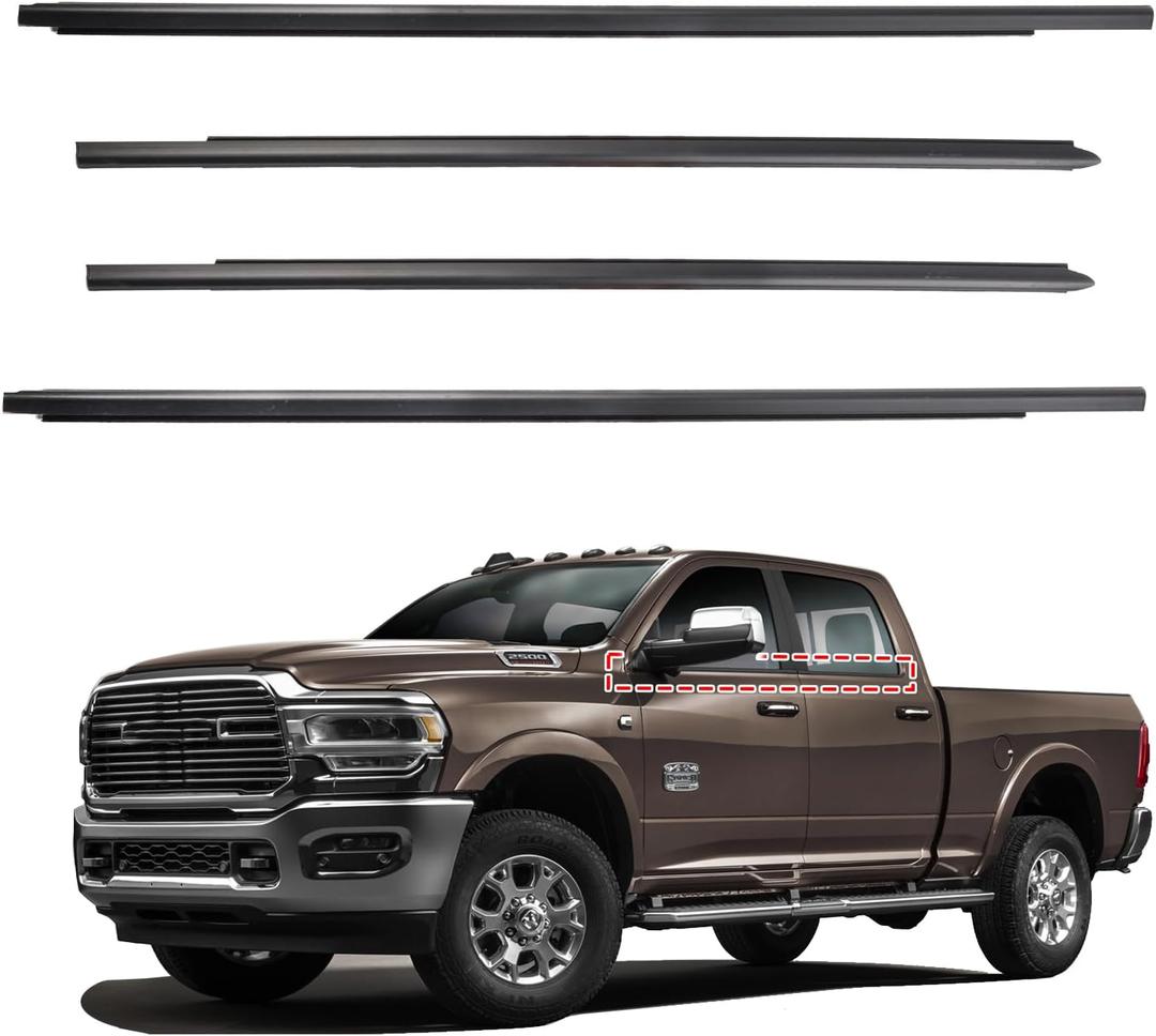 Weatherstrip Window Molding Trim Seal For 2009-2021 Dodge Ram 1500 2500 3500 4500 5500 Truck Crew Cab, Black Outer Door Window Trim Seal Belt, Replace#55112376AH 55112377AH 55372138AH 55372139AH
