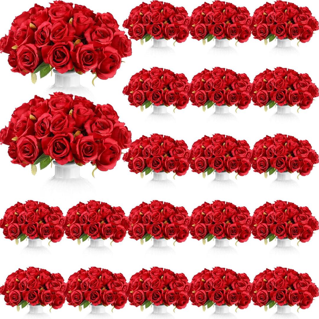 Jexine 360 Pcs 30 Bouquets Artificial Roses Flowers Bulk Fake Roses Flower Bouquets Realistic Silk Faux Rose with Stems for Wedding Home Table Party Decorations(Red)