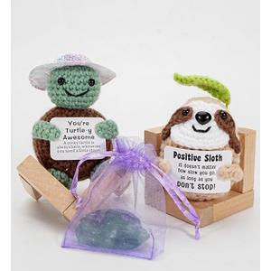 2 x 2 Pack Positive Crochet Animals Birthday Gifts for Women Men Includes Motivational Cards and a Wooden Base Cute Small Gift for Son Mom Dad Daughter Sister Friend Coworkers