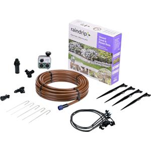Raindrip SDGCBHP Automatic Drip Irrigation Watering Kit with Timer for Ground Cover & Flower Beds, Waters up to 200 Sq. ft, Timer with Customizable Settings & 13 GPH Half-Circle Adjustable Sprayers, Black;Galvanized Steel;Brown