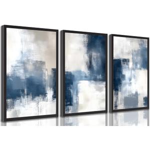 Devatz 3 Pcs Navy Blue Abstract Poster Wall Art Modern Minimalist Neutral Blue and Grey Paintings Pictures Wall Decor Print Artwork for Living Room Bedroom Office Home Decoration Unframed